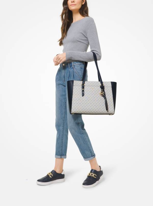 Damske Prenosná Taška Michael Kors Sullivan Large Logo and Leather Biele Námornícka Modrá - Kabelky Michael Kors Obchod | VBIJC-9832